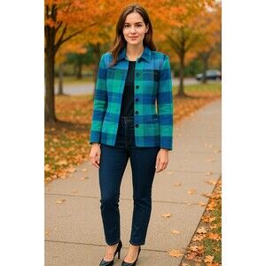 Vintage Early 2000s Ana’s Fashions Plaid Jacket Women’s M Blue Green Lined Y2K